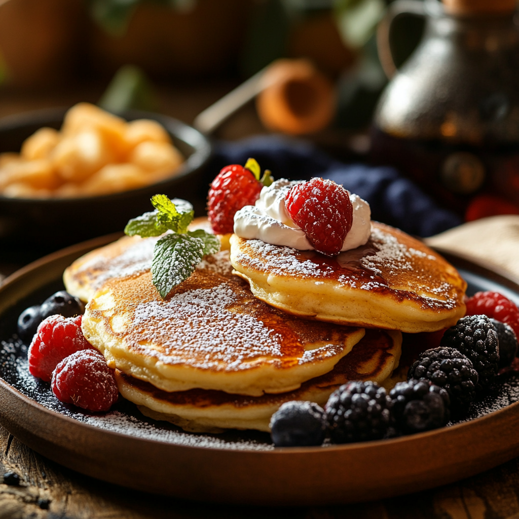 A plate of scrambled pancakes dusted with powdered sugar and served with fresh berries and syrup.