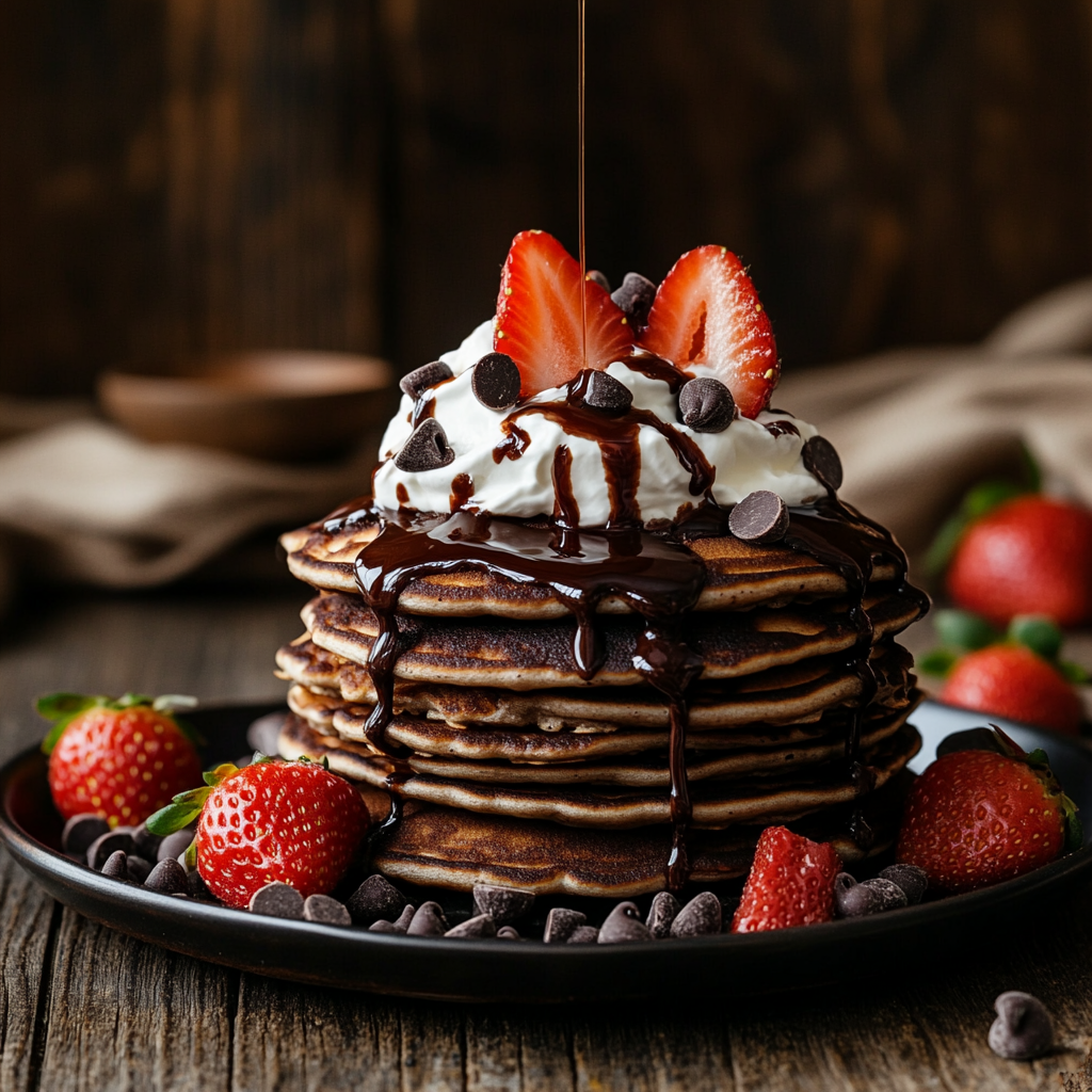 A stack of chocolate chocolate chip pancakes drizzled with chocolate syrup and topped with strawberries and whipped cream.